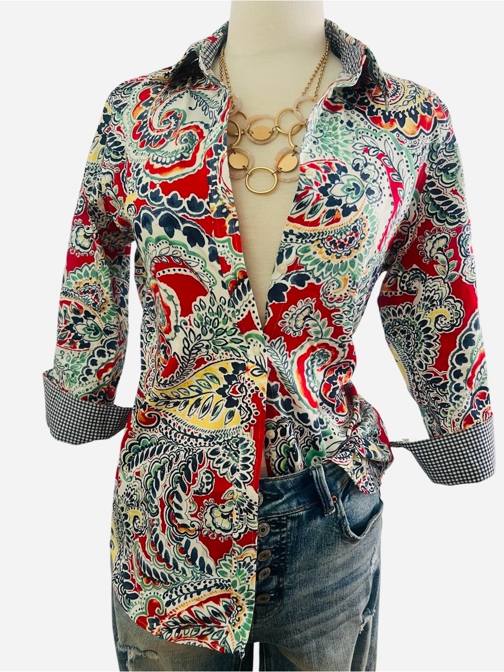 CHAPS - NO iRON - Paisley Navy and White Gingham Button-Down Shirt - Picture 2 of 6